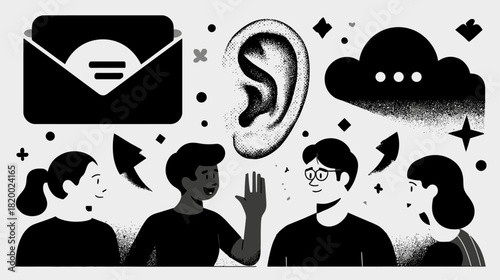 Diverse individuals communicating, listening, and exchanging ideas with digital messaging symbols. Black and white modern illustration.