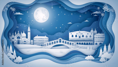 Winter panorama of Venice in paper cut style: Rialto bridge, Doges Palace and campanile