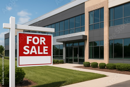 FOR SALE sign in front of a modern commercial office building. real estate or economy design element. 3D rendering.
