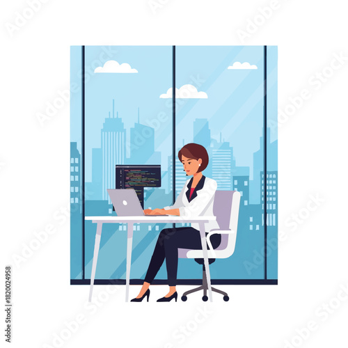 A professional businesswoman sitting at a desk working on a laptop with a computer monitor in a modern office with a cityscape view.