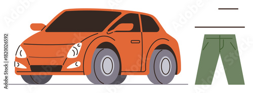 Orange small car with curved body and green pants standing upright. Ideal for urban lifestyle, automotive, clothing, minimalism, flat design, modern aesthetics, and juxtaposition as a simple flat