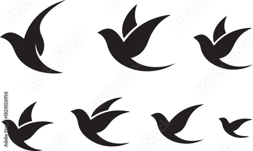 Abstract bird silhouettes, a set of flying bird icons and vector logos representing peace, freedom, and nature