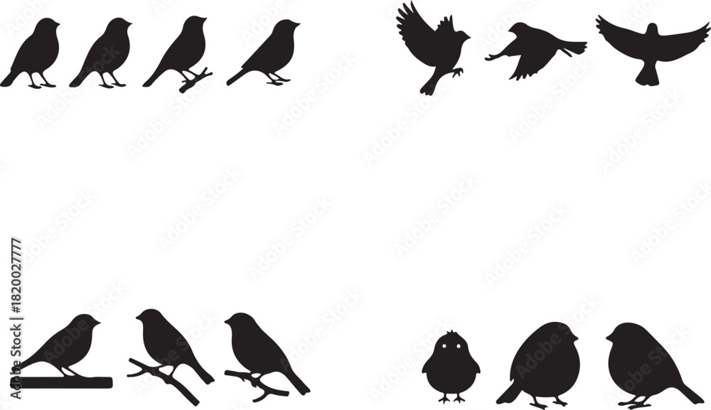 Obraz premium Diverse Bird Silhouettes Vector Set Featuring Basic, Flying, Perched, and Round Bird Shapes for Nature and Wildlife Designs and Graphic Projects