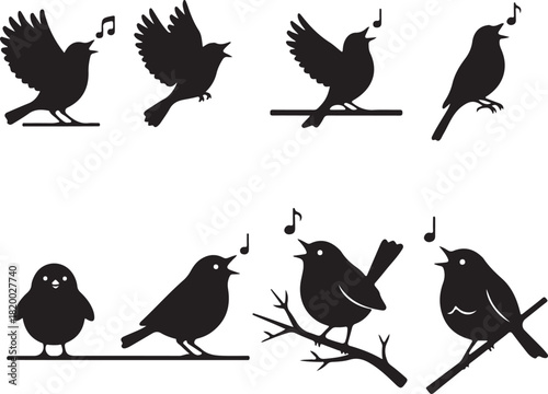 Collection of singing bird and songbird silhouettes, featuring various avian poses with musical notes, perfect for nature, music, or springtime designs, also including a cute chick..eps