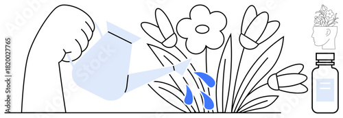 Hand pouring water onto flowers, brain illustration with flowers symbolizing mental health, growth, and care. Ideal for wellness, education, self-care, mindfulness, sustainability productivity