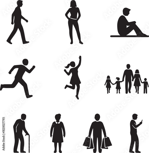 Diverse Human Figures and Activities Silhouettes Icon Set People Walking, Running, Sitting, Family, Shopping, and Elderly Generations.