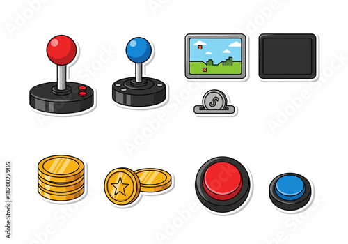 Arcade Game Elements Joysticks, Buttons, and Coin Collection
