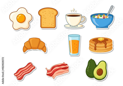 Breakfast food sticker set featuring eggs, toast, coffee, cereal, croissant, juice, pancakes, bacon, and avocado