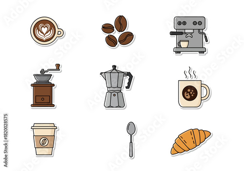 Coffee Time Illustration Set of Essential Coffee Elements and Treats