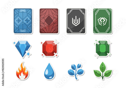 Set of Stylized Game Icons Featuring Cards, Gems, and Elemental Symbols