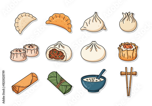 Asian Cuisine Delights Dumplings, Spring Rolls, and Steamed Buns Illustration