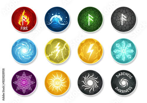 Elemental Magic A Collection of Fantasy Icons Representing Fire, Water, and Nature