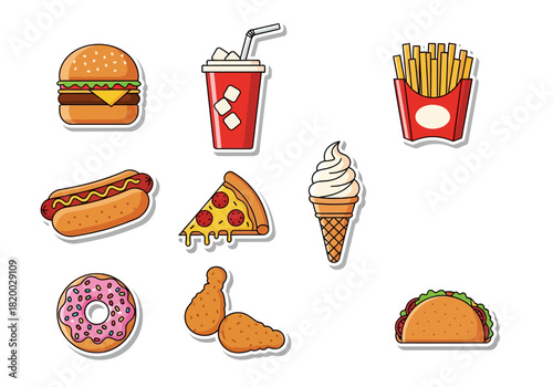 Colorful Vector Set of Fast Food Icons Burger, Fries, Pizza, Soda & More