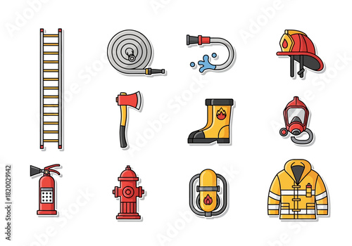 Firefighter equipment icons set featuring ladder, hose, axe, boot, mask, extinguisher, hydrant and jacket
