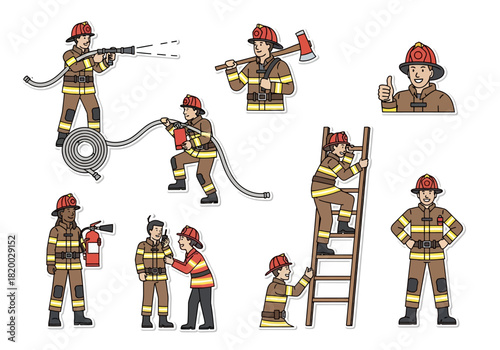 Set of Firefighter Characters in Various Poses