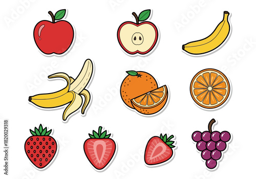 Fresh Fruits Sticker Set Apple, Banana, Orange, Strawberry and Grapes