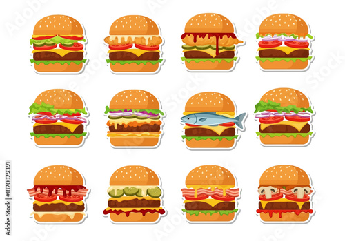 Delicious Burger Collection Vector Illustration of Various Gourmet Burgers