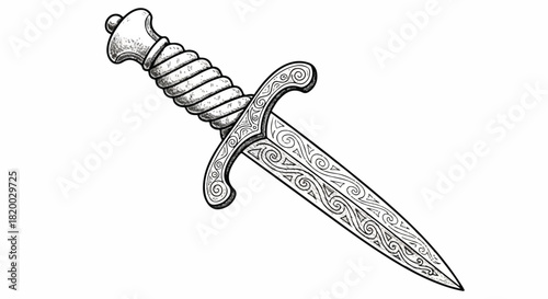 A detailed flat 2D hand-sketched illustration of a vintage medieval dagger featuring intricate engraved blade details isolated against a clean white background.
