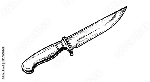 Detailed hand-drawn vintage knife sketch illustration, depicting an antique edged weapon isolated clearly on a plain white background, capturing a rustic traditional aesthetic.