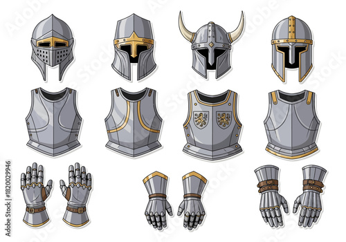 Medieval Armor Set Helmets, Breastplates, and Gauntlets Illustration