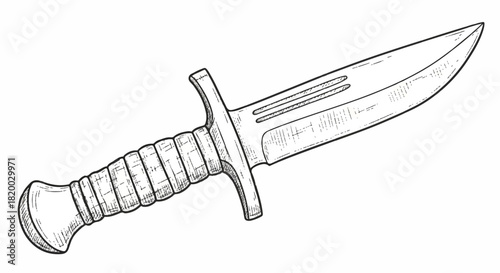 Vintage sketch line art 2D flat illustration of a sharp medieval knife, featuring a detailed handle and blade, isolated against a bright white background.
