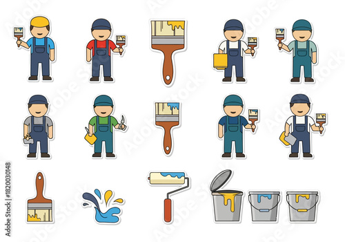 Painting Crew An Array of Cute Cartoon Painters and Their Tools