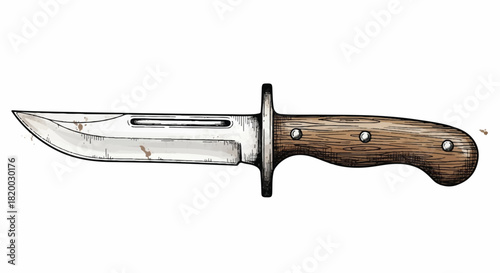 A detailed flat 2D hand-drawn sketch illustration of an antique combat knife, featuring a vintage military aesthetic, isolated on a clean white background.