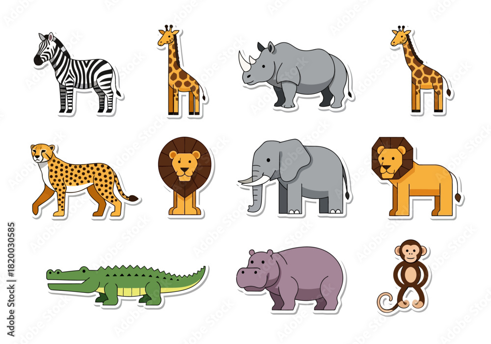 Naklejka premium African Wildlife Cartoon Animals Sticker Set Zebra, Giraffe, Lion, Elephant & More