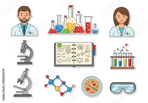 Lab Essentials Science Icons of Microscopes, Chemicals, and Scientists