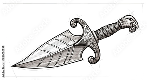 A handcrafted vintage blade dagger, rendered in a detailed flat 2D sketch illustration style, stands isolated on a clean white background, emphasizing its historical antique craftsmanship.