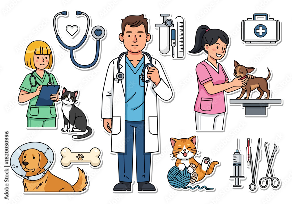 Fototapeta premium Veterinary Care Team with Adorable Pets An Illustrative Medical Service