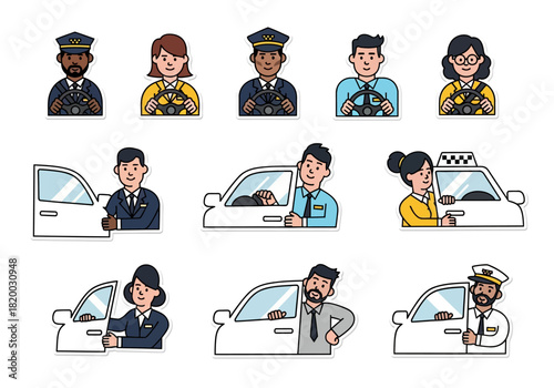Diverse Taxi Drivers Line Art Icons of Taxi Service Staff