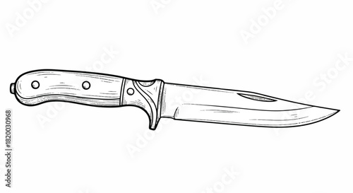 Detailed black line art vector illustration of a historic antique knife, rendered in a striking hand-drawn vintage sketch style isolated on pure white background.