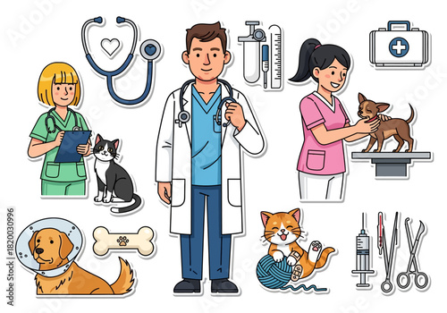 Veterinary Care Team with Adorable Pets An Illustrative Medical Service