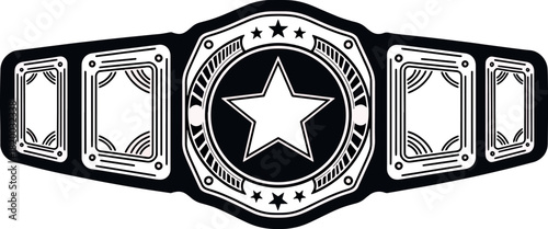 Black and White Championship Belt with Star Center Design on White Background