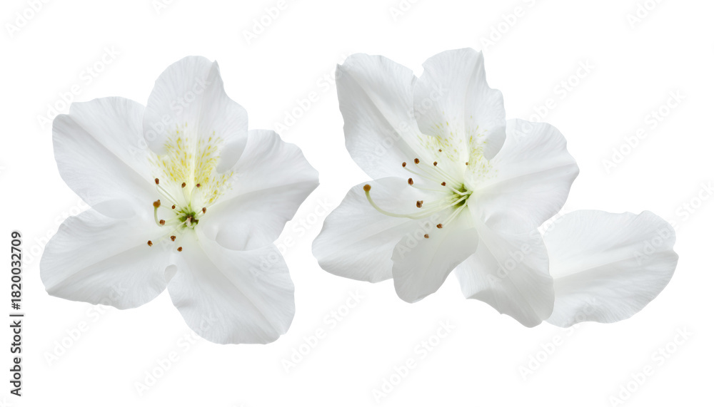 Obraz premium Close-up view of two delicate white jasmine flowers with yellow stamens against a white background