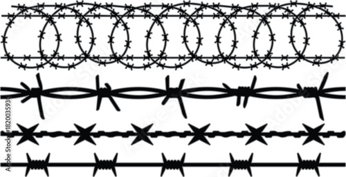 Barbed wire silhouette, fencing styles, security design, sharp metal, industrial pattern, vector graphic, bold, minimal, cartoon, art
