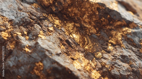 Close-up of natural gold nuggets embedded in rock formation.