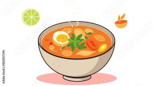 Fresh tomato soup with creamy basil and shrimp in a white bowl for a healthy vegetarian appetizer