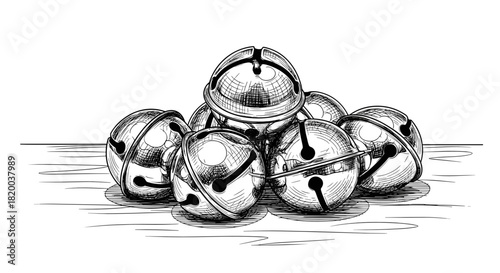 Hand drawn sketch of sleigh bells on table for holiday music festival and Christmas design