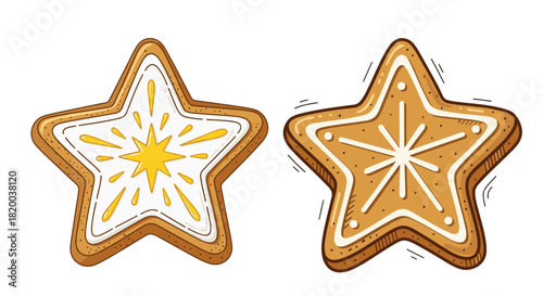 Decorated gingerbread Epiphany star cookies with icing for holiday sweets and bakery menu