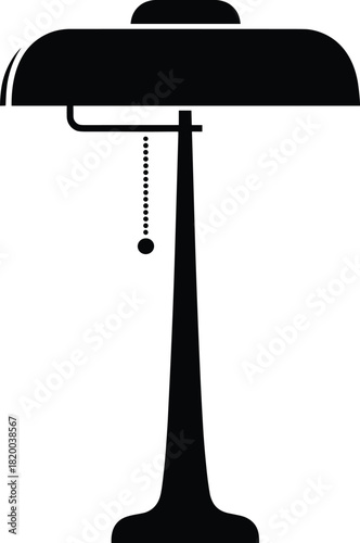 Classic desk lamp silhouette, vintage office lighting, pull chain switch, black shade, elegant decor, minimalist style, timeless design, workspace accessory