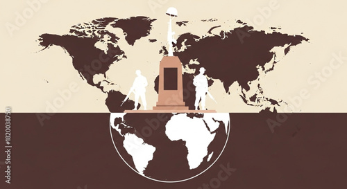 Memorial monuments and soldiers across a conceptual globe with world map overlay, symbolizing remembrance and global impact