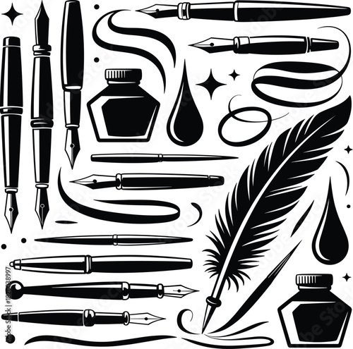 Fountain pens, ink bottles, quill, calligraphy tools, vintage writing, artistic illustration, handwriting elements, traditional stationery, elegant nibs, creative composition