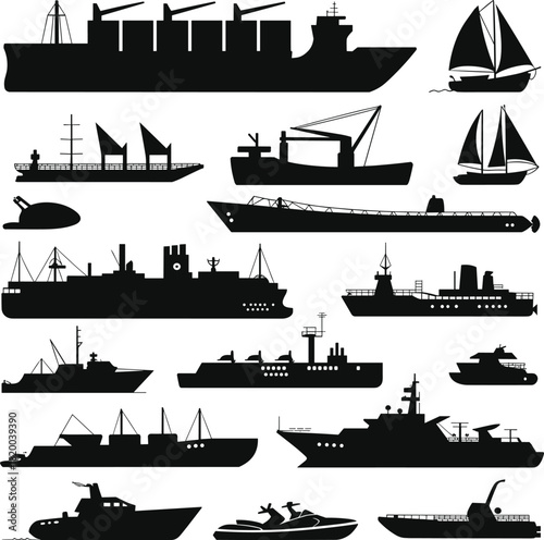 Silhouettes of cargo ships, sailboats, submarines, yachts, military vessels, maritime transport, ocean travel, naval fleet, sea vehicles, marine silhouettes