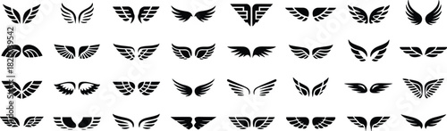 Wing icons set, vector wings, black blue wings, abstract feathers, graphic symbols, symmetrical design, logo elements, spiritual flight