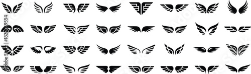 Wing icons, abstract wings, feather symbols, vector wing set, black wings, blue outline, graphic design, logo elements, stylized wings