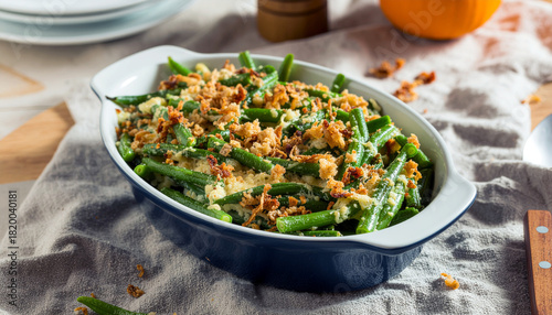 Homemade green bean casserole, a Thanksgiving holiday tradition, displayed in a blue casserole dish ready to be served for a comforting family meal