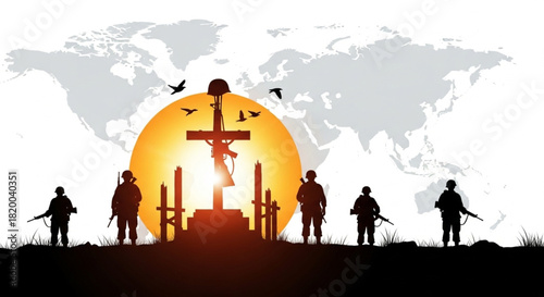 World Civil Defence Day A solemn silhouette of soldiers standing guard before a crucifixion cross against a global map backdrop at sunset, symbolizing sacrifice and peace