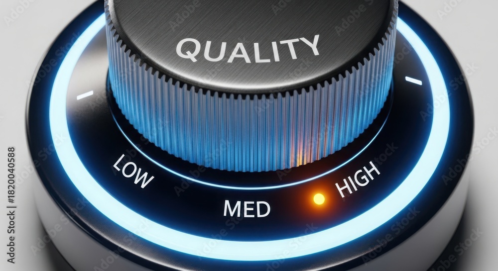 Fototapeta premium Close up of a quality control knob set to high with glowing blue and orange lights isolated on white background